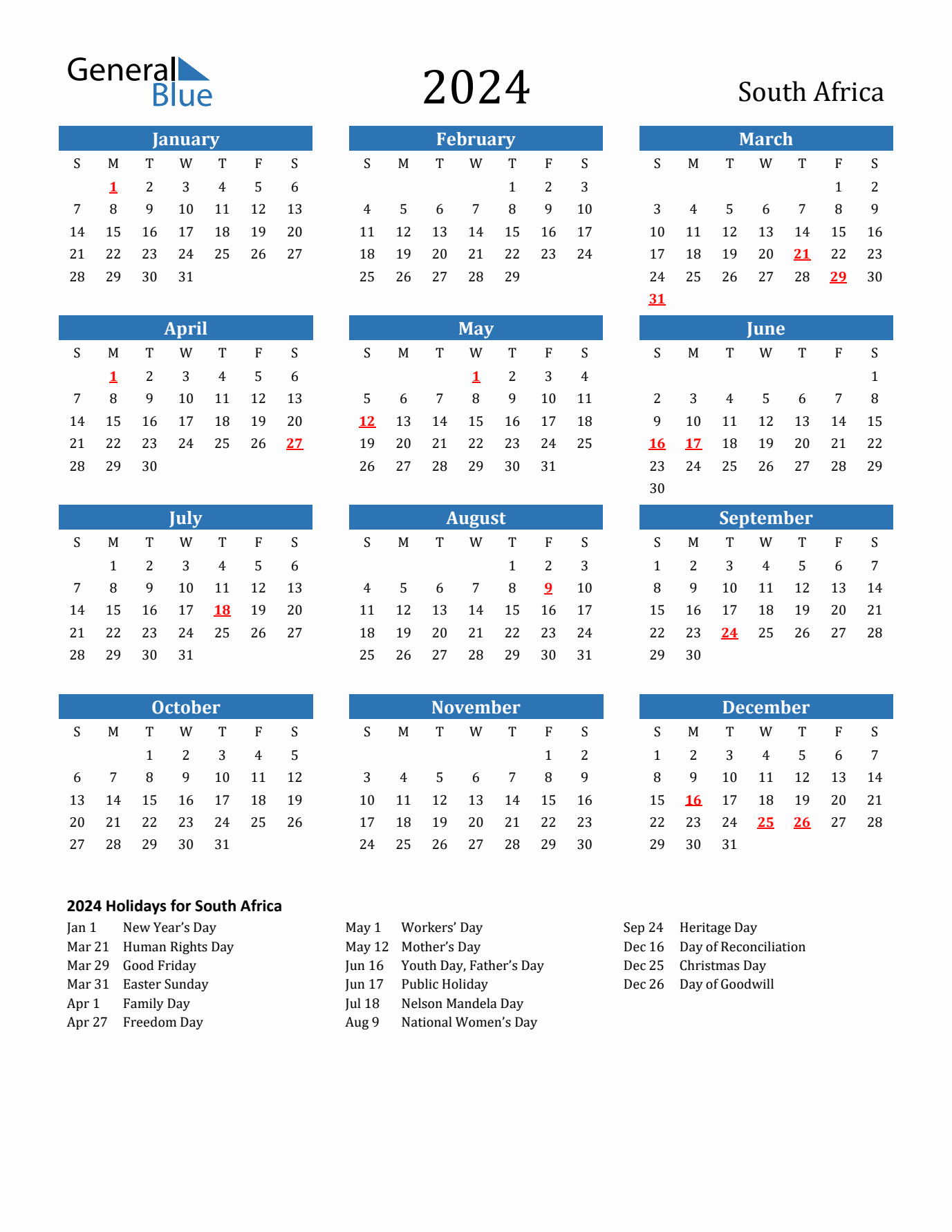 2024 yearly calendar with South Africa holidays