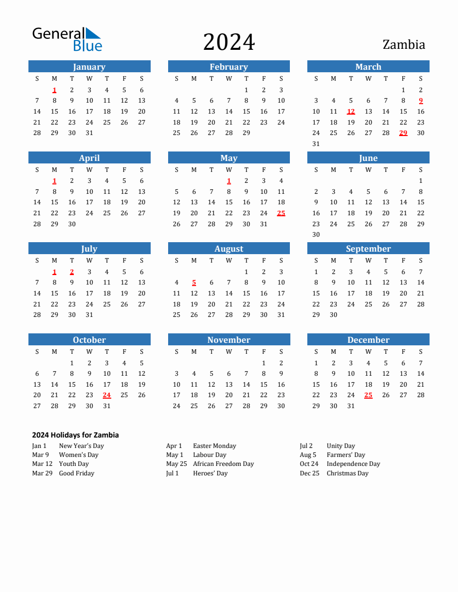 Zambia 2024 Calendar with Holidays