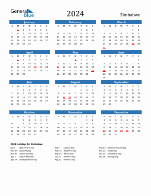 Zimbabwe current year calendar 2024 with holidays