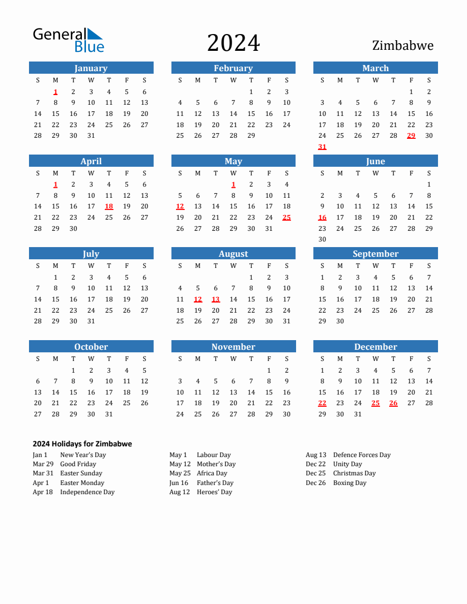 Zimbabwe 2024 Calendar with Holidays