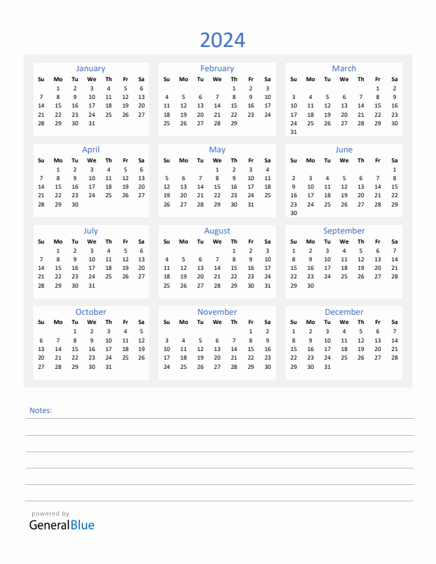 2024 Yearly Calendar Template with Notes Section (PDF Excel Word)
