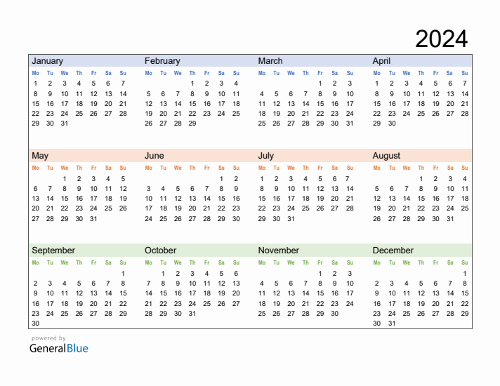 Free Downloadable 2024 Yearly Calendar Template 