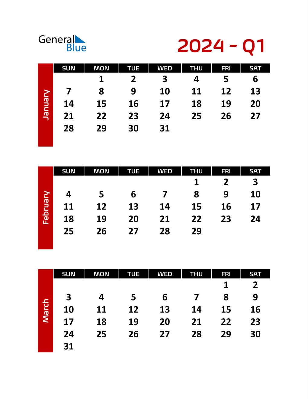 Q1 2024 Quarterly Calendar PDF Word Excel 