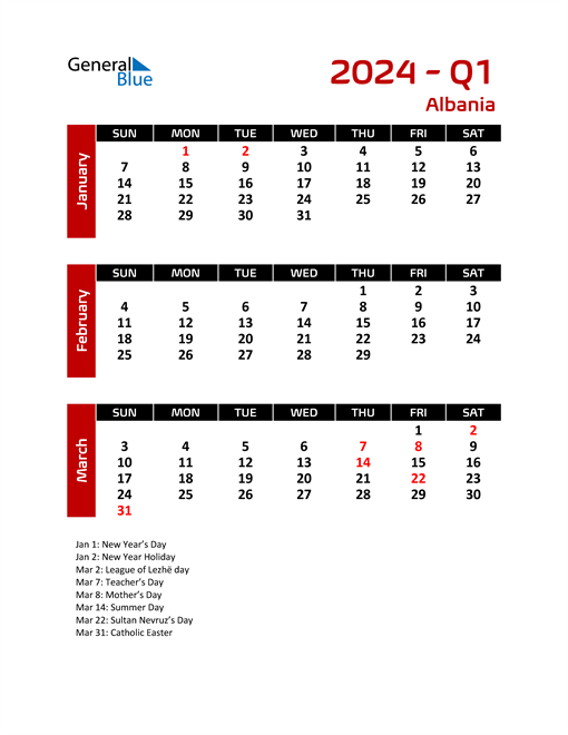 Albania Calendars with Holidays