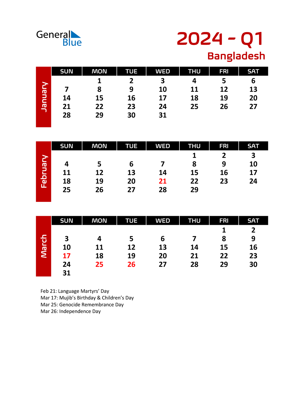 Q1 2024 Quarterly Calendar with Bangladesh Holidays