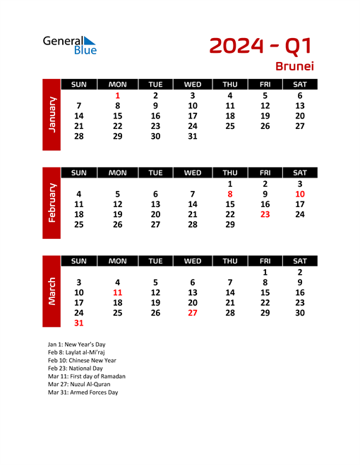 Brunei Calendars with Holidays