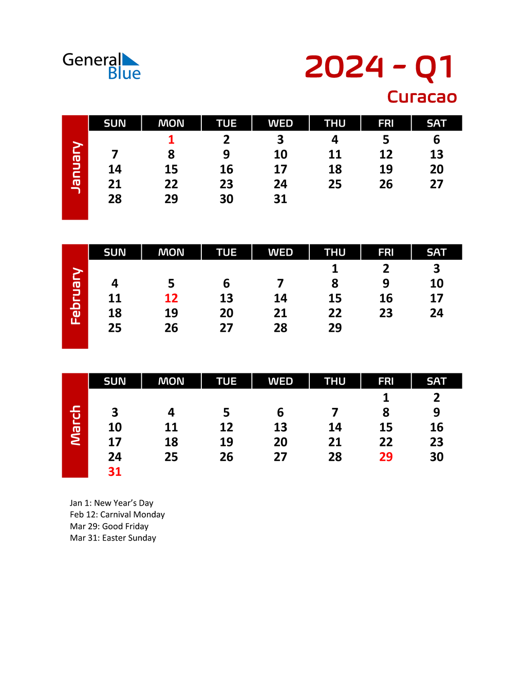 Q1 2024 Quarterly Calendar for Curacao