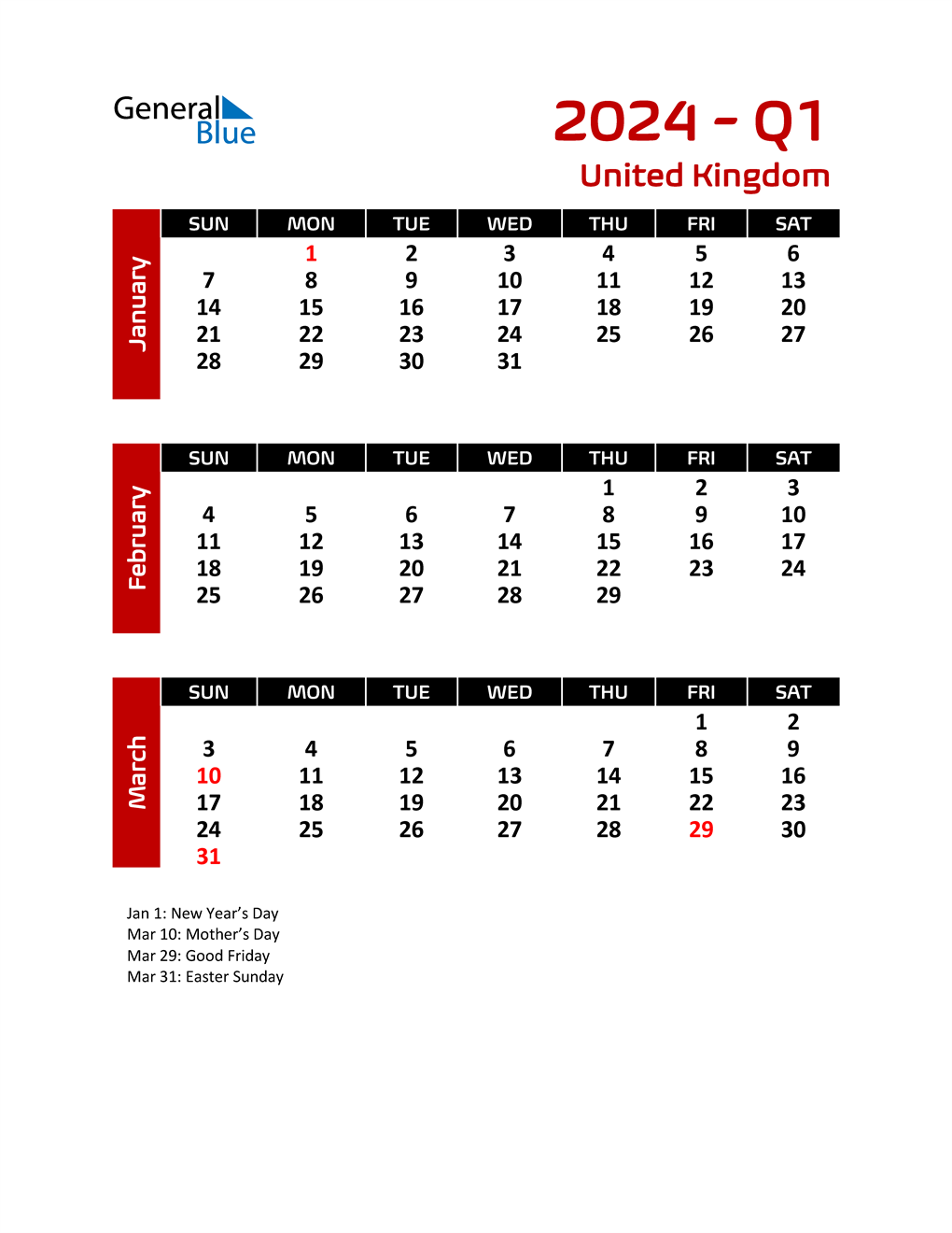 Q1 2024 Quarterly Calendar with United Kingdom Holidays