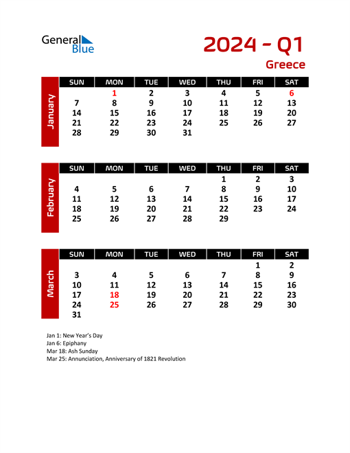 Q1 2024 Quarterly Calendar for Greece