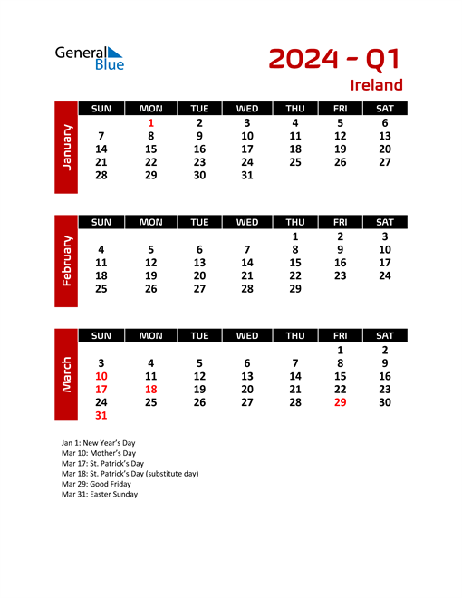 Ireland Calendars with Holidays