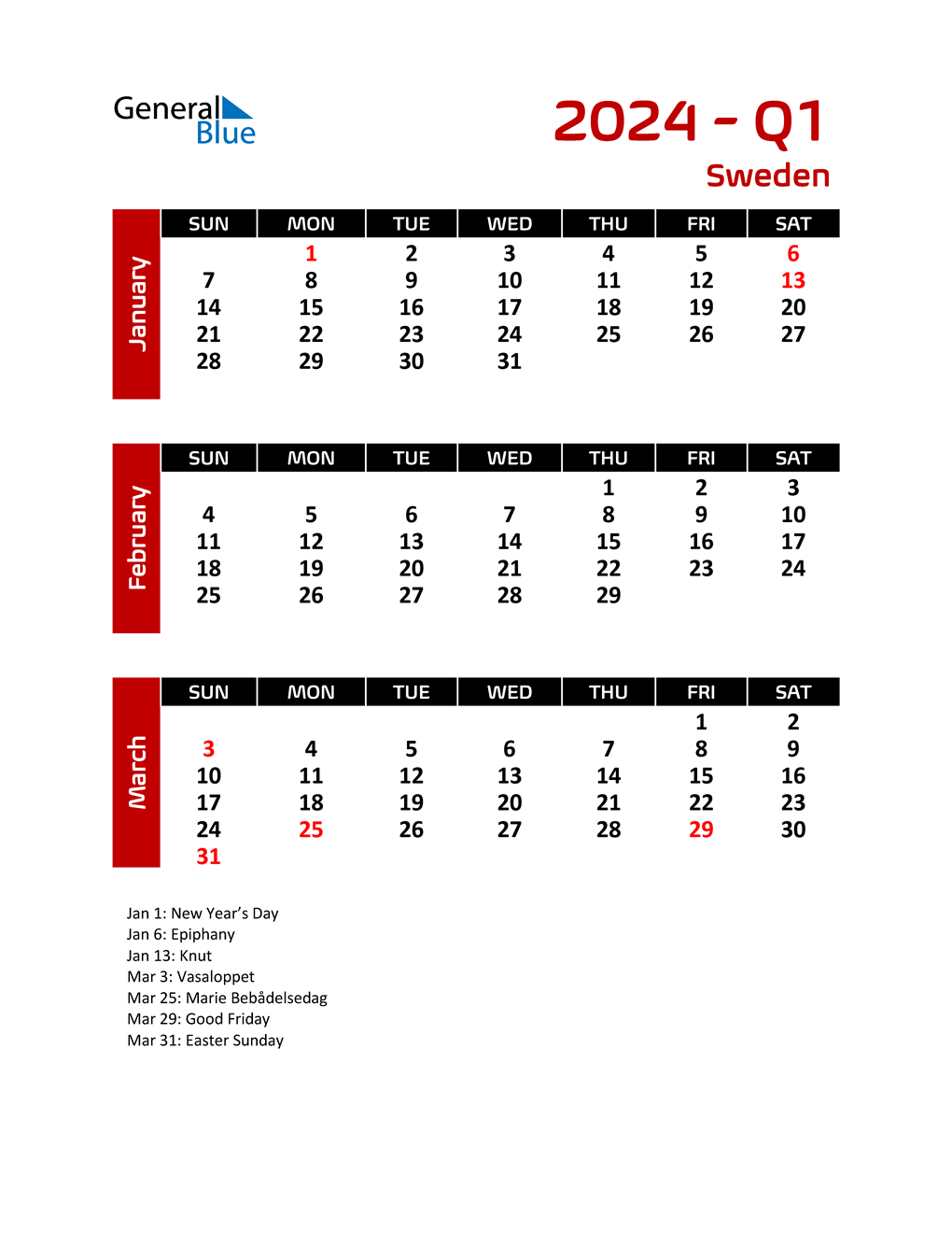Q1 2024 Quarterly Calendar with Sweden Holidays