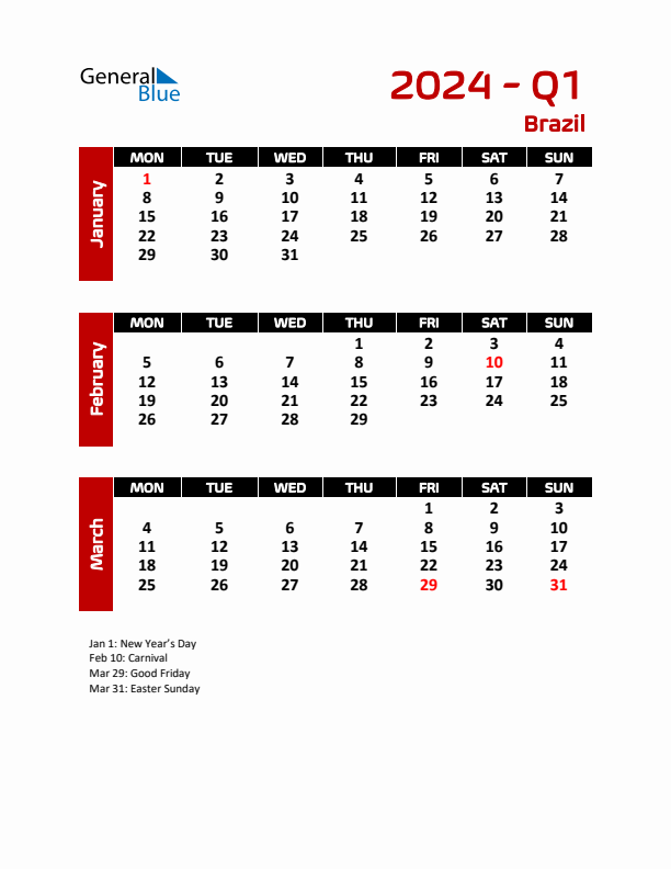 Threemonth calendar for Brazil Q1 of 2024