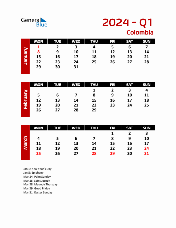 Threemonth calendar for Colombia Q1 of 2024