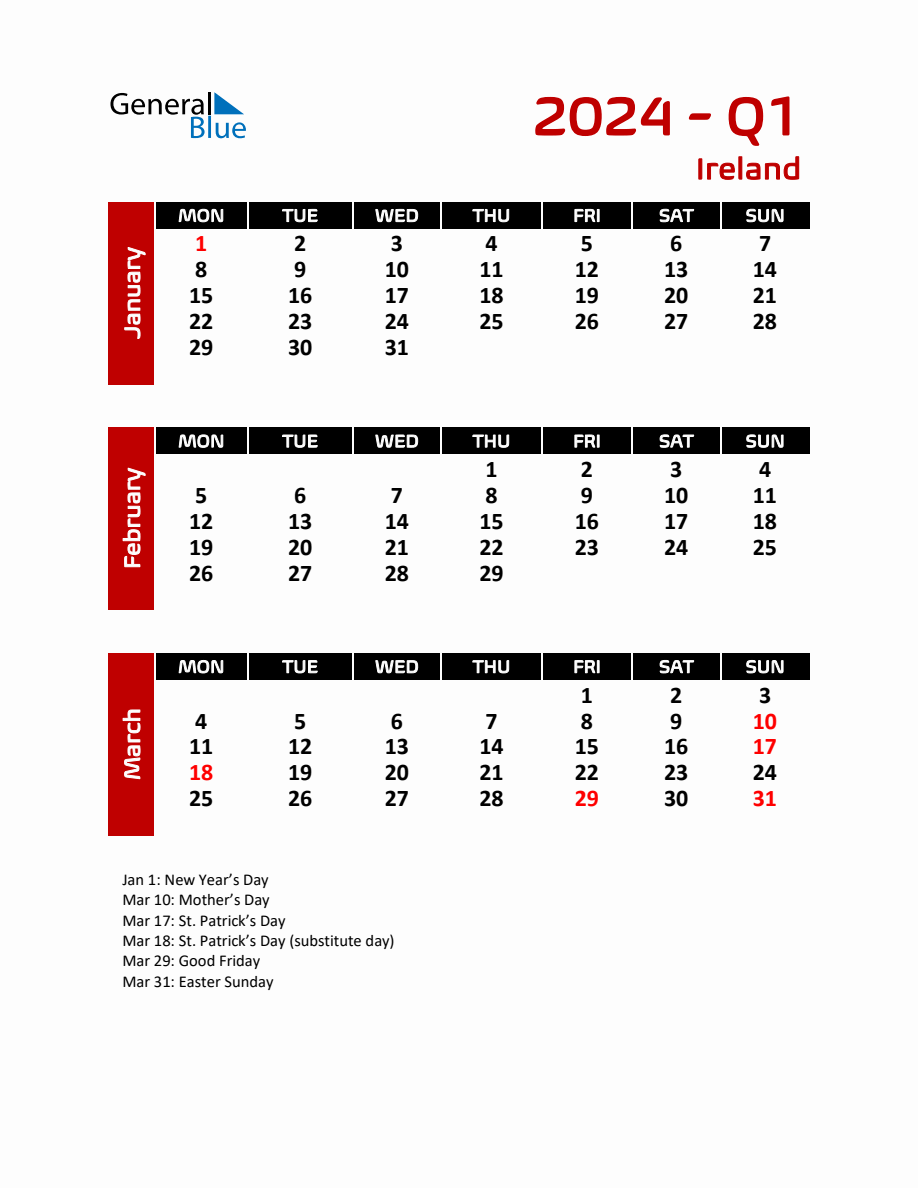 Q1 2024 Calendar with Holidays