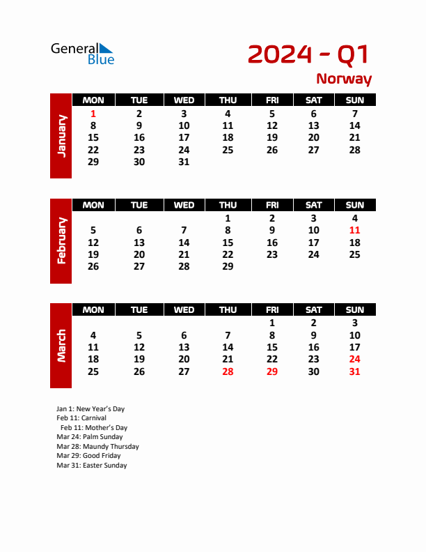 Threemonth calendar for Norway Q1 of 2024
