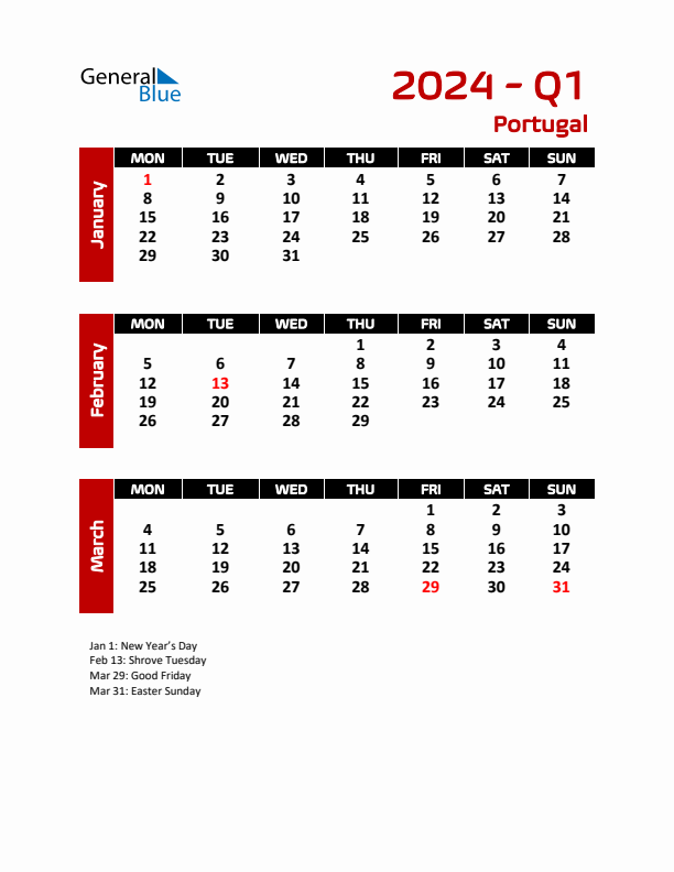 Threemonth calendar for Portugal Q1 of 2024