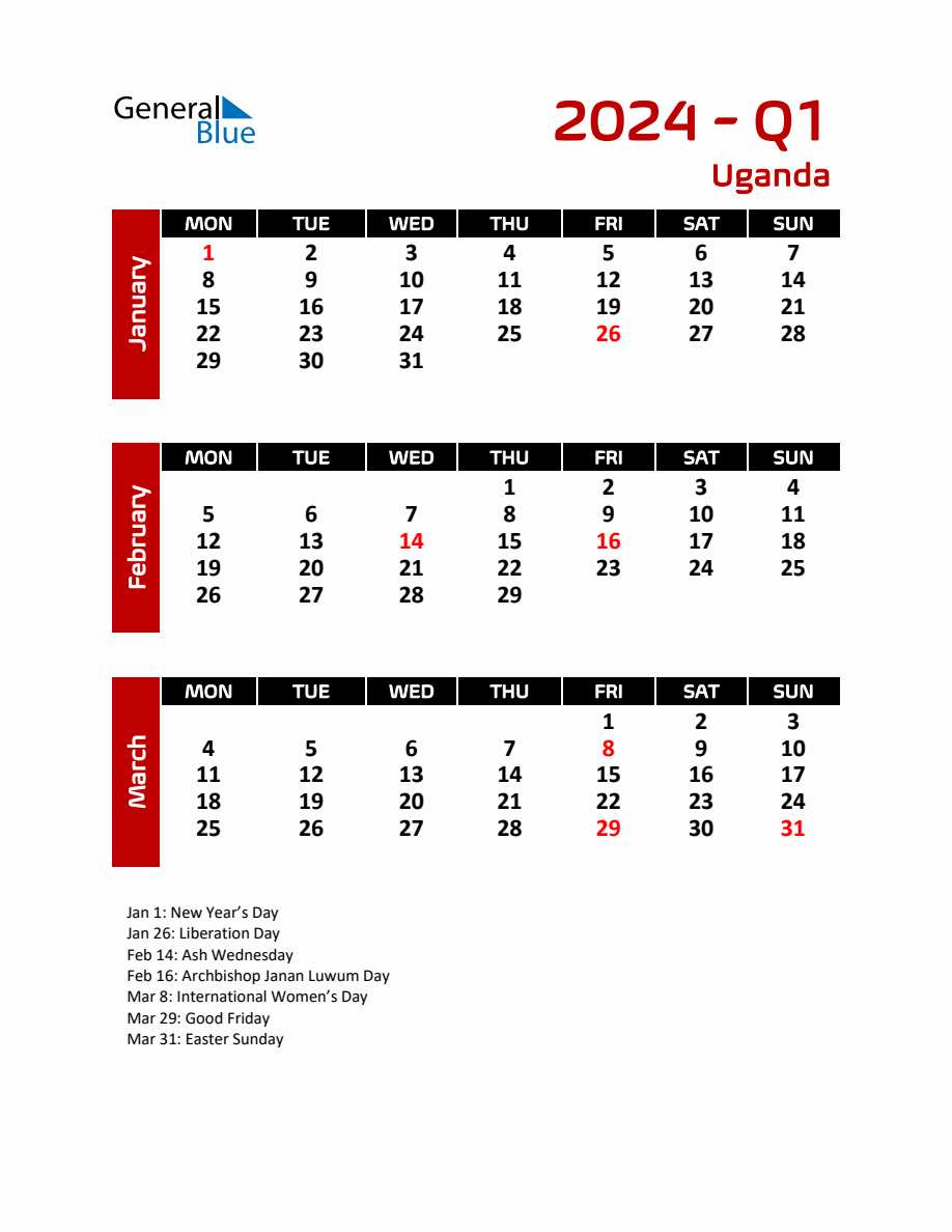 Q1 2024 Calendar with Holidays