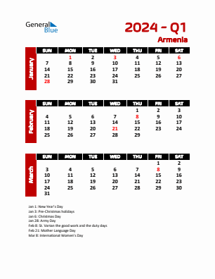 Armenia Quarter 1  2024 calendar template