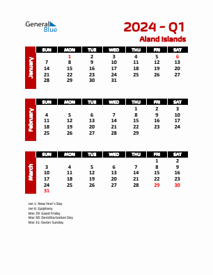 Aland Islands Quarter 1  2024 calendar template