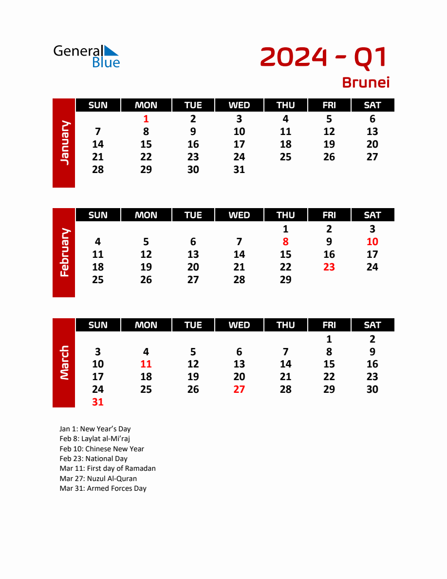 Q1 2024 Calendar with Holidays