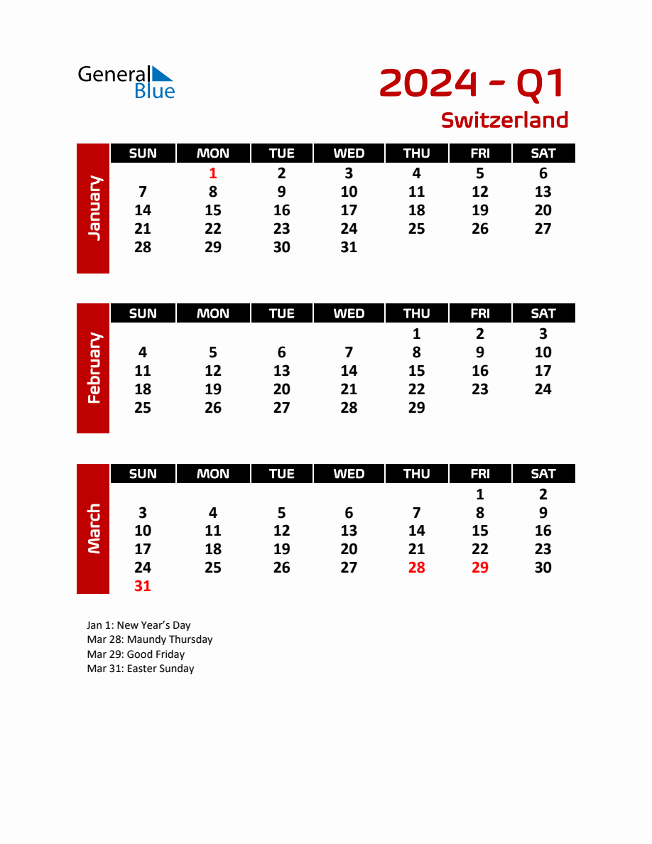 Q1 2024 Calendar with Holidays