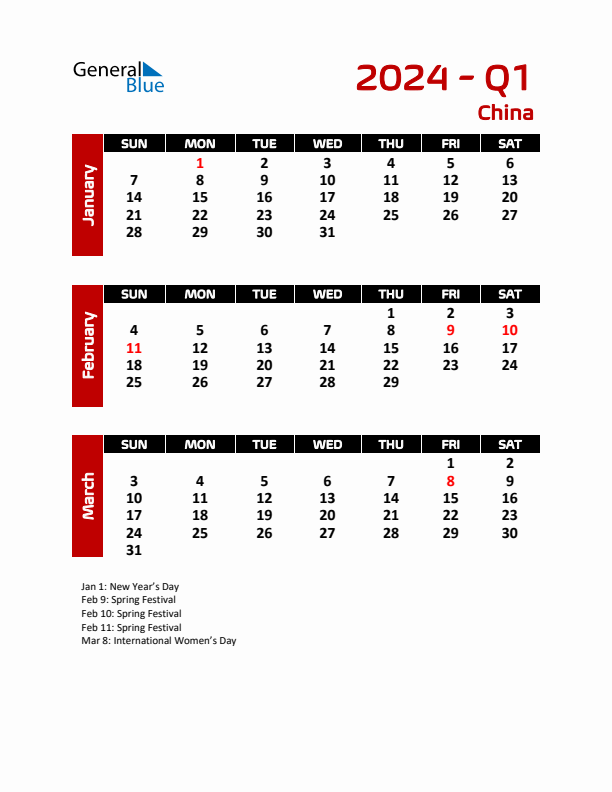 Q1 2024 Quarterly Calendar with China Holidays