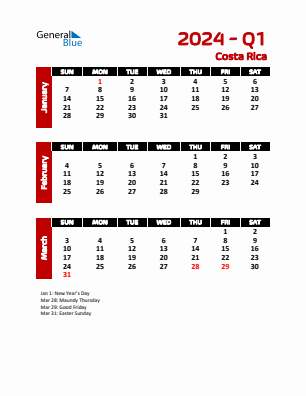 Costa Rica Quarter 1  2024 calendar template