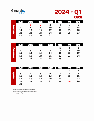 Cuba Quarter 1  2024 calendar template