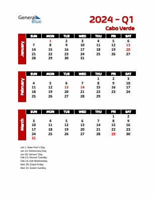 Cabo Verde Quarter 1  2024 calendar template