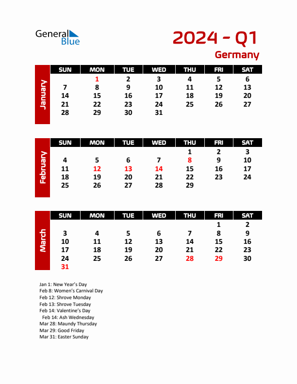 Q1 2024 Quarterly Calendar with Germany Holidays (PDF, Excel, Word)