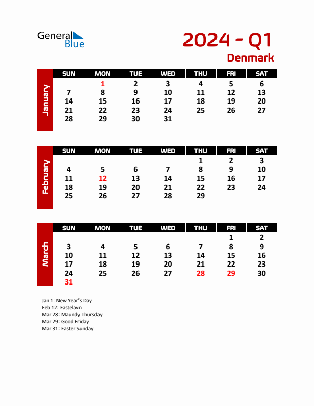 Q1 2024 Calendar with Holidays
