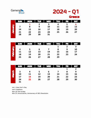 Greece Quarter 1  2024 calendar template