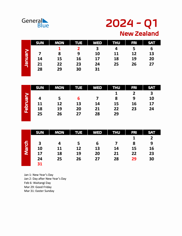 Q1 2024 Quarterly Calendar with New Zealand Holidays (PDF, Excel, Word)