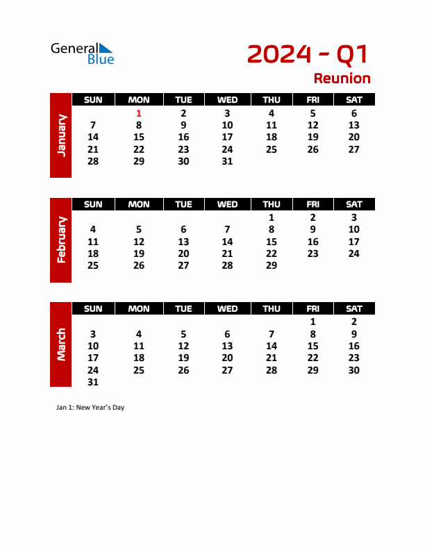 Q1 2024 Quarterly Calendar with Reunion Holidays (PDF, Excel, Word)