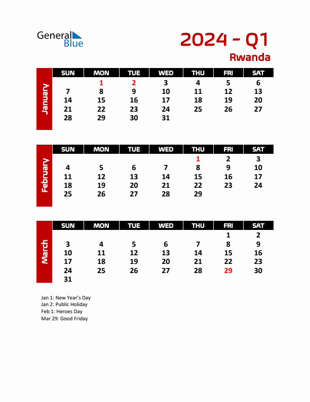 Q1 2024 Quarterly Calendar with Rwanda Holidays (PDF, Excel, Word)