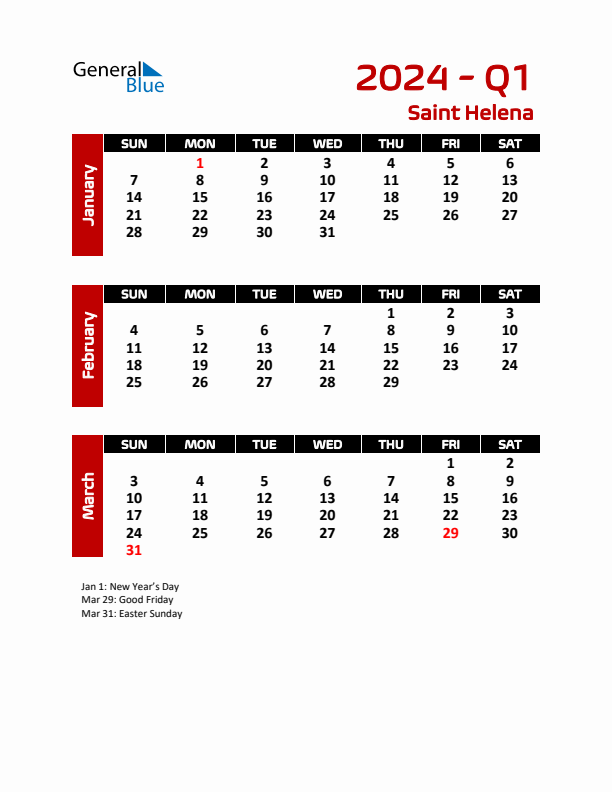 Q1 2024 Quarterly Calendar with Saint Helena Holidays