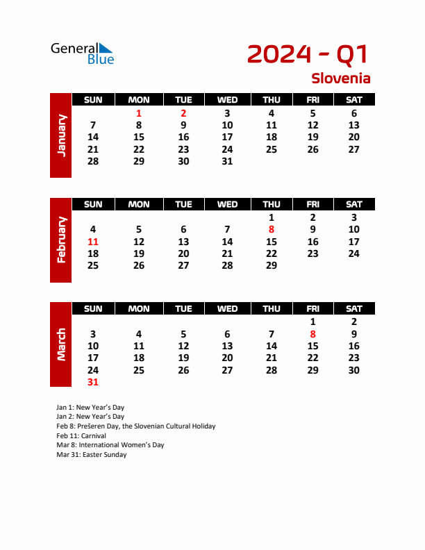 Q1 2024 Quarterly Calendar with Slovenia Holidays