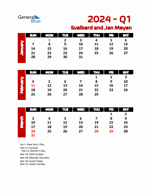 Svalbard and Jan Mayen Quarter 1  2024 calendar template