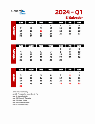 El Salvador Quarter 1  2024 calendar template