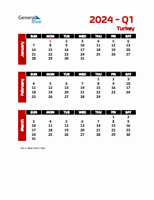 Turkey Quarter 1  2024 calendar template