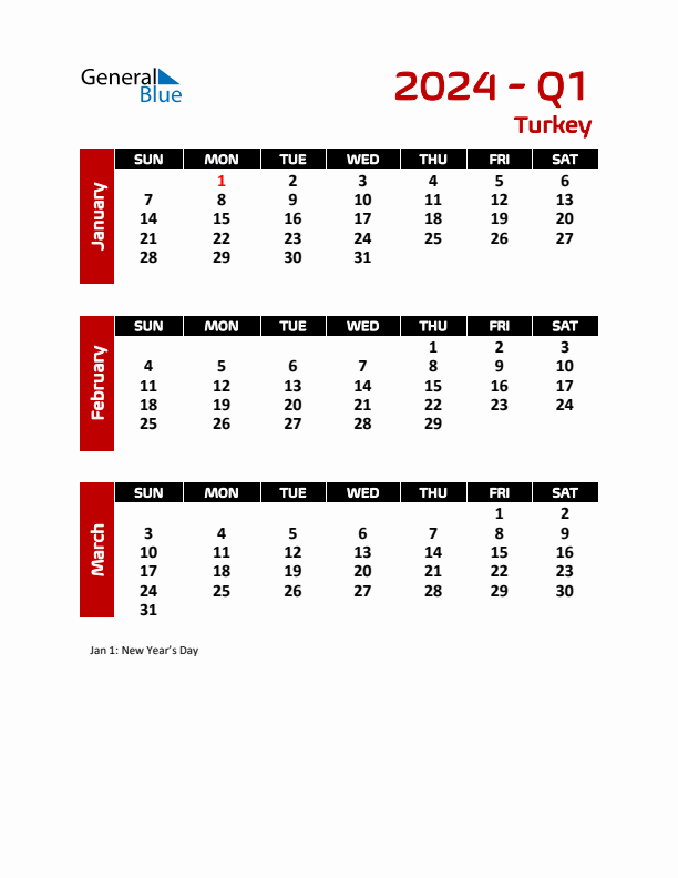 Q1 2024 Quarterly Calendar with Turkey Holidays (PDF, Excel, Word)