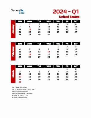 United States Quarter 1  2024 calendar template