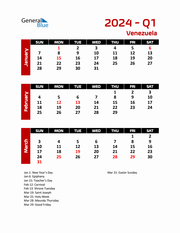 Q1 2024 Quarterly Calendar with Venezuela Holidays (PDF, Excel, Word)