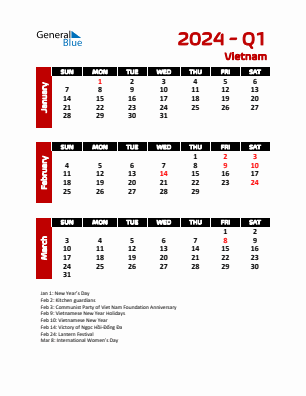Vietnam Quarter 1  2024 calendar template