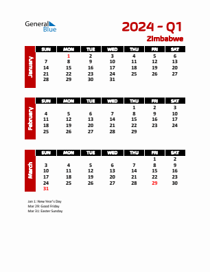 Zimbabwe Quarter 1  2024 calendar template
