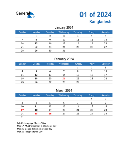Q1 2024 Quarterly Calendar with Bangladesh Holidays