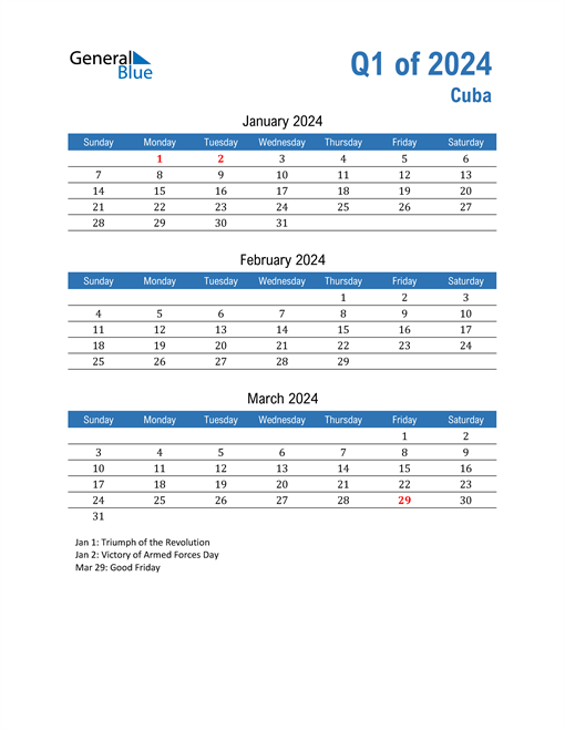 Cuba 2024 Quarterly Calendar 