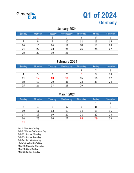 Q1 2024 Quarterly Calendar for Germany