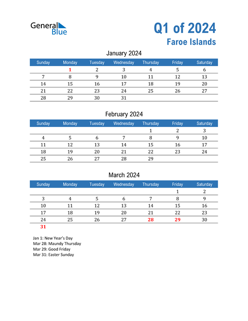  Faroe Islands 2024 Quarterly Calendar 
