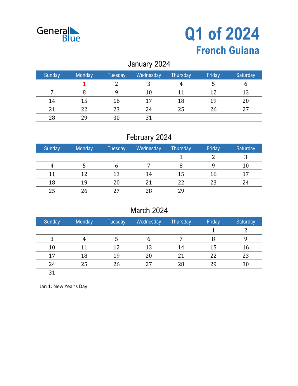  French Guiana 2024 Quarterly Calendar 
